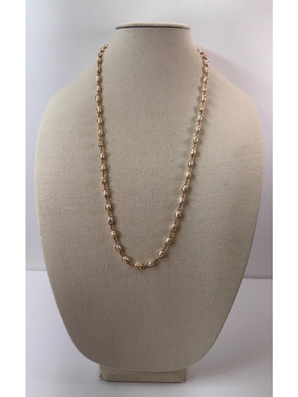 Napier Gold Tone Caged Faux Pearl Necklace 29” Long Elegant Signed Vintage